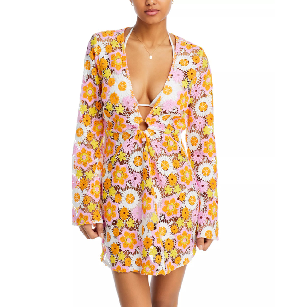 Ramy Brook Womens Analia Floral Crochet Mini Dress Swim Cover-Up Size L 12430